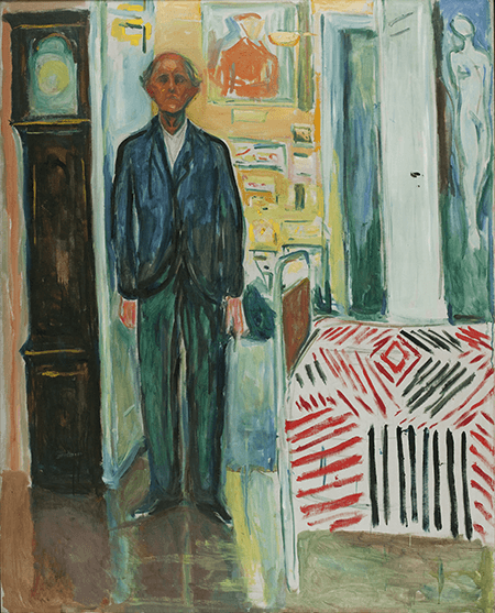 Edvard Munch, Self-Portrait Between the Clock and the Bed, 1940-1942. Munch Museum, Oslo, Image: HIP / Art Resource, NY, Artwork: © 2021 The Munch Museum / The Munch-Ellingsen Group / Artists Rights Society (ARS), New York